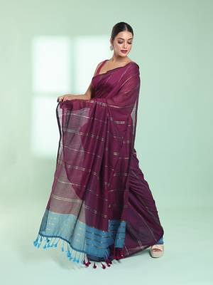 Dark purple half & half cotton saree with zari stripes 2