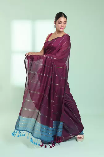 Dark purple half & half cotton saree with zari stripes