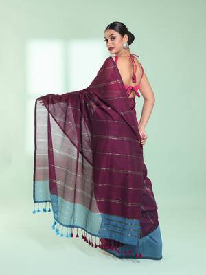 Dark purple half & half cotton saree with zari stripes 3