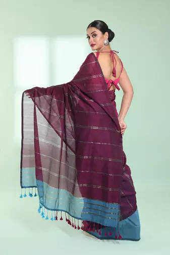 Dark purple half & half cotton saree with zari stripes