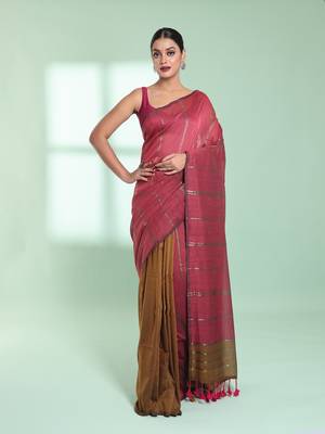 Punch pink half & half cotton saree with zari stripes 1