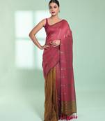 Punch pink half & half cotton saree with zari stripes