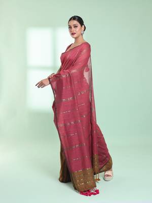 Punch pink half & half cotton saree with zari stripes 2
