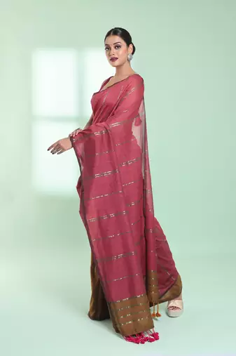Punch pink half & half cotton saree with zari stripes