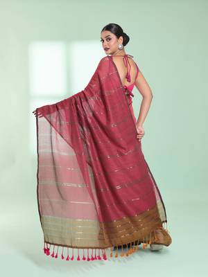 Punch pink half & half cotton saree with zari stripes 3