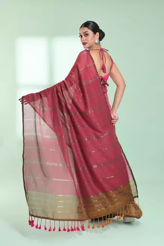 Punch pink half & half cotton saree with zari stripes