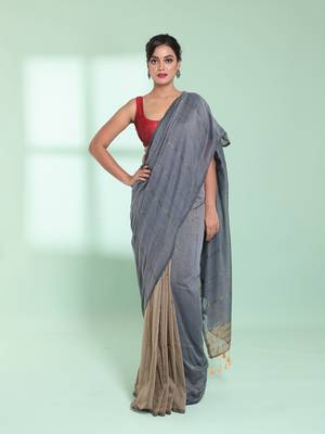 Grey half & half cotton saree with zari stripes 1