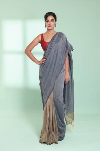 Grey half & half cotton saree with zari stripes