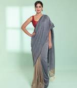 Grey half & half cotton saree with zari stripes