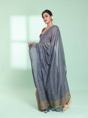Grey half & half cotton saree with zari stripes 2