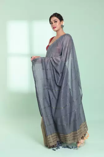 Grey half & half cotton saree with zari stripes