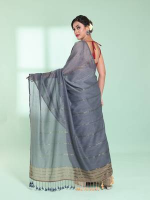 Grey half & half cotton saree with zari stripes 3
