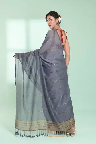 Grey half & half cotton saree with zari stripes