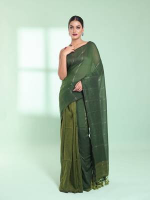 Green half & half cotton saree with zari stripes 1