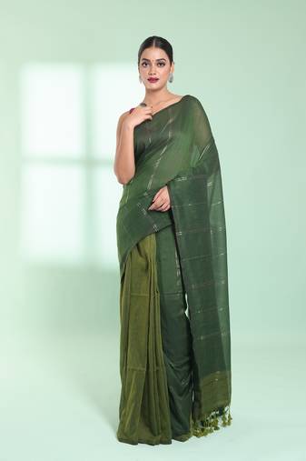 Green half & half cotton saree with zari stripes