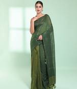 Green half & half cotton saree with zari stripes