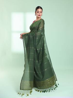 Green half & half cotton saree with zari stripes 2