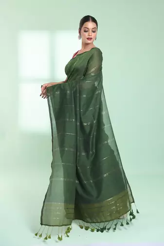 Green half & half cotton saree with zari stripes