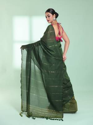 Green half & half cotton saree with zari stripes 3