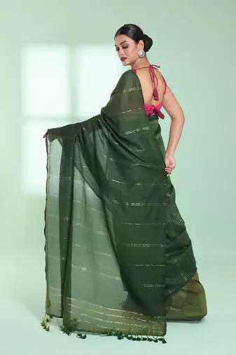 Green half & half cotton saree with zari stripes