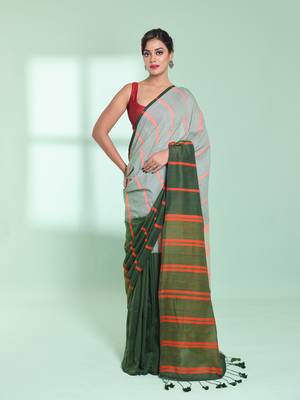 Green patli pallu cotton saree with stripes design 1