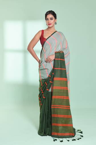 Green patli pallu cotton saree with stripes design