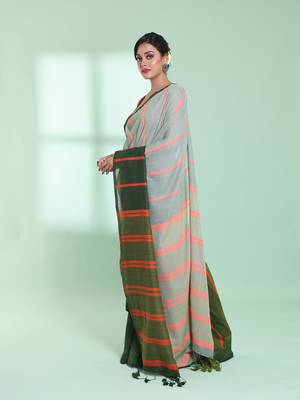 Green patli pallu cotton saree with stripes design 2