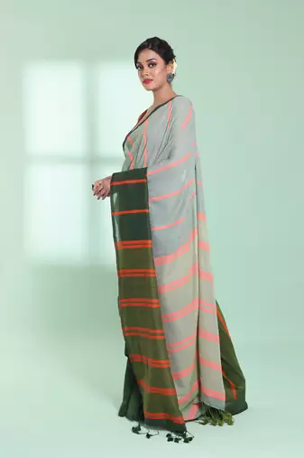 Green patli pallu cotton saree with stripes design