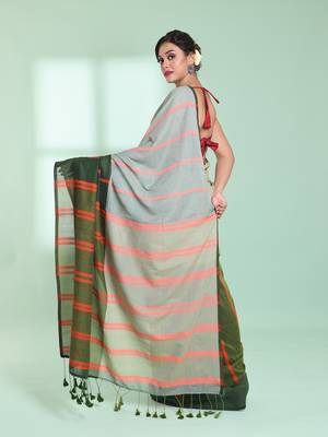 Green patli pallu cotton saree with stripes design 3