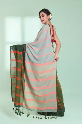Green patli pallu cotton saree with stripes design