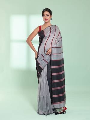 Grey patli pallu cotton saree with stripes design 1