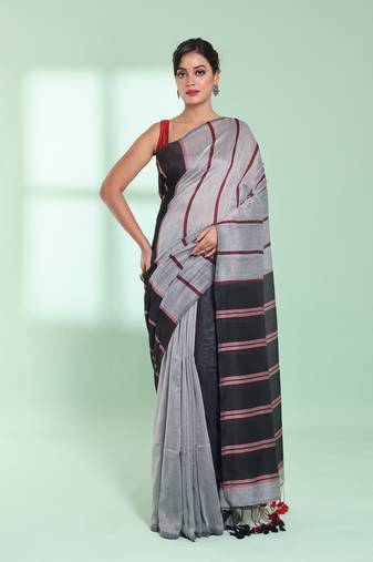 Grey patli pallu cotton saree with stripes design