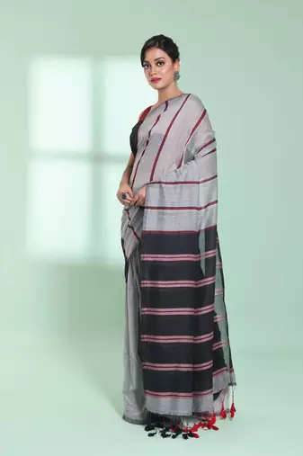 Grey patli pallu cotton saree with stripes design