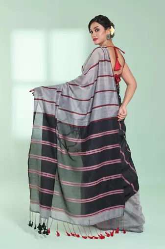 Grey patli pallu cotton saree with stripes design