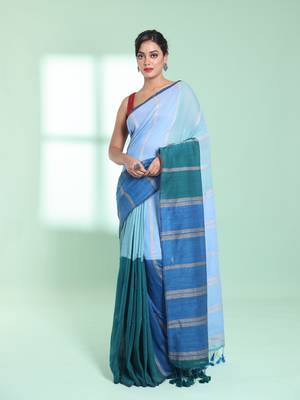 Blue patli pallu cotton saree with stripes design 1