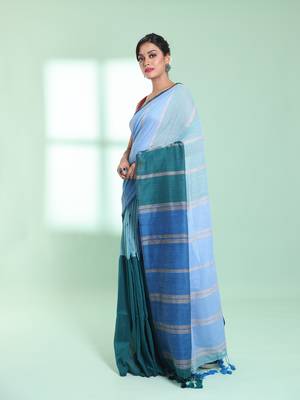 Blue patli pallu cotton saree with stripes design 2