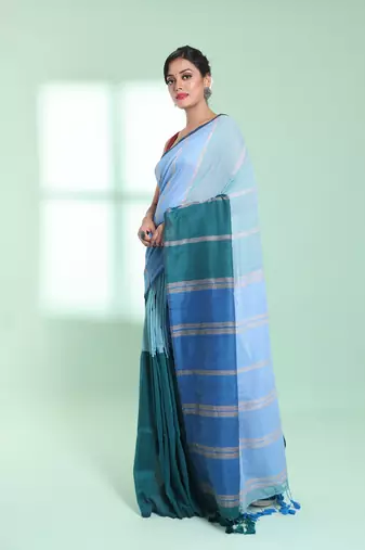 Blue patli pallu cotton saree with stripes design