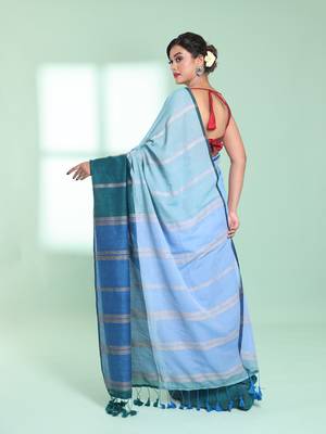 Blue patli pallu cotton saree with stripes design 3