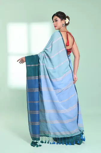 Blue patli pallu cotton saree with stripes design