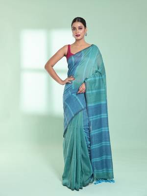 Mint green patli pallu cotton saree with stripes design 1