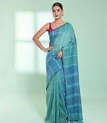 Mint green patli pallu cotton saree with stripes design