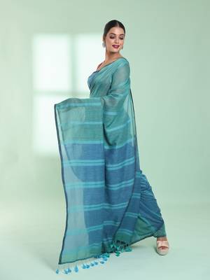Mint green patli pallu cotton saree with stripes design 2