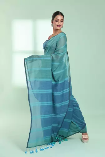 Mint green patli pallu cotton saree with stripes design