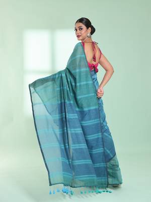 Mint green patli pallu cotton saree with stripes design 3