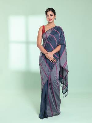 Dark grey patli pallu cotton saree with stripes design 1