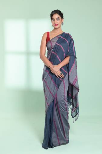 Dark grey patli pallu cotton saree with stripes design