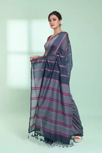 Dark grey patli pallu cotton saree with stripes design