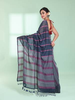 Dark grey patli pallu cotton saree with stripes design 3