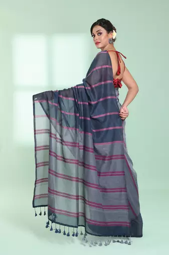 Dark grey patli pallu cotton saree with stripes design