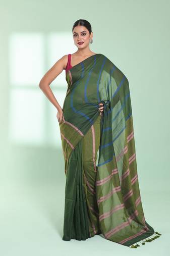 Green patli pallu cotton saree with stripes design